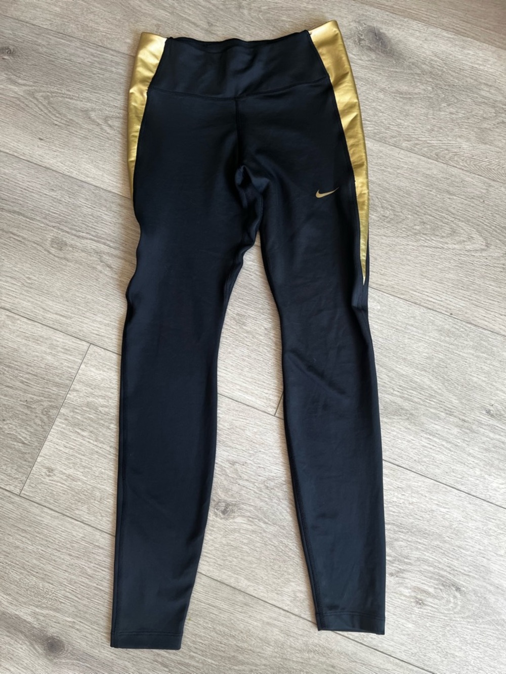 Nike Women Black Leggings with Gold Side Panels